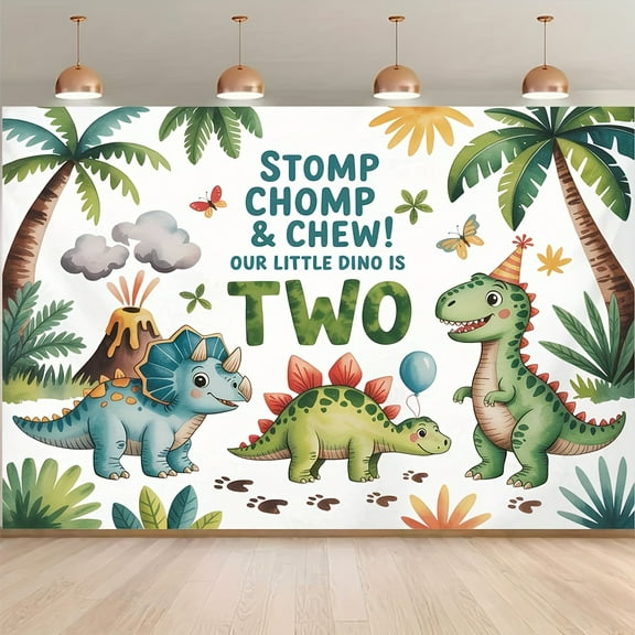 Cartoon Dinosaur Birthday Backdrop Stomp Chomp Chew Our Little Dino is TWO Photography Background Tropical Jungle Dinosaur 2nd Birthday Party Decorations Banner Supplies Photo Booth Props