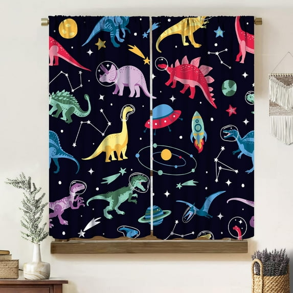 Cartoon Dinosaur Blackout Curtains, Creative Hand Painted Star Theme Fun Planet Rocket Space Print Rod Pocket Window Treatments Drapes for Kidsroom Nursery Boys Bedroom 84" W X 84" L