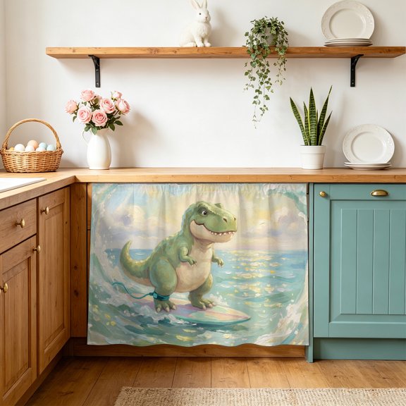 Cartoon Dinosaur Cabinet Curtains 10" W x 11" L Funny Tyrannosaurus Rex Watercolor Surfboard Wave Waterproof Adhesive Kitchen Under Sink Curtain Dust-Proof Dishwasher Skirt for Closet