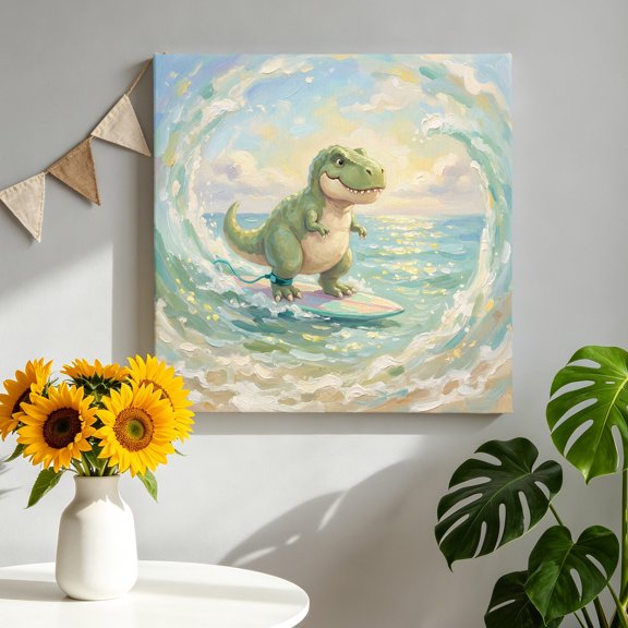 Cartoon Dinosaur Canvas Wall Art, Funny Tyrannosaurus Rex Watercolor Surfboard Wave Framed Canvas Wall Decor Picture Print Artwork Decorations for Living Room Office Ready to Hang 8" x 8"