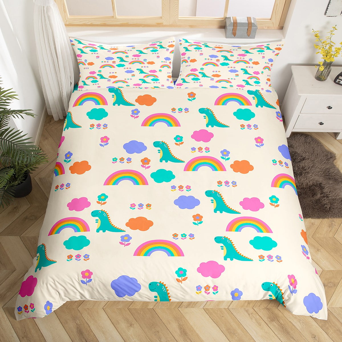 Cartoon Dinosaur Comforter Cover for Kids Boys Girls Rainbow Bed Set