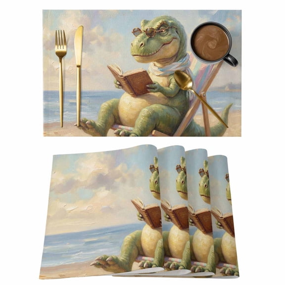 Cartoon Dinosaur Cotton Linen Placemats Set of 1, Funny Tyrannosaurus Rex Book Summer Beach Washable Table Place Mats Heat Insulating Placemat for Dining Room Kitchen Daily Use 13 x 19 Inch