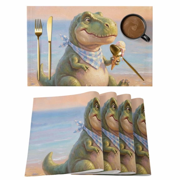 Cartoon Dinosaur Cotton Linen Placemats Set of 1, Funny Tyrannosaurus Rex Summer Ice Cream Beach Washable Table Place Mats Heat Insulating Placemat for Dining Room Kitchen Daily Use 13 x 19 Inch