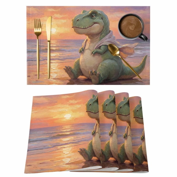Cartoon Dinosaur Cotton Linen Placemats Set of 1, Funny Tyrannosaurus Rex Sunset Summer Beach Washable Table Place Mats Heat Insulating Placemat for Dining Room Kitchen Daily Use 13 x 19 Inch