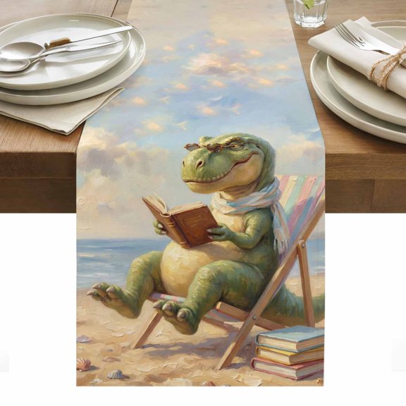 Cartoon Dinosaur Cotton Linen Table Runner Funny Tyrannosaurus Rex Book Summer Beach Dining Table Runners for Home Decor Party Dining Room Restaurant Kitchen Party 13" x 36"