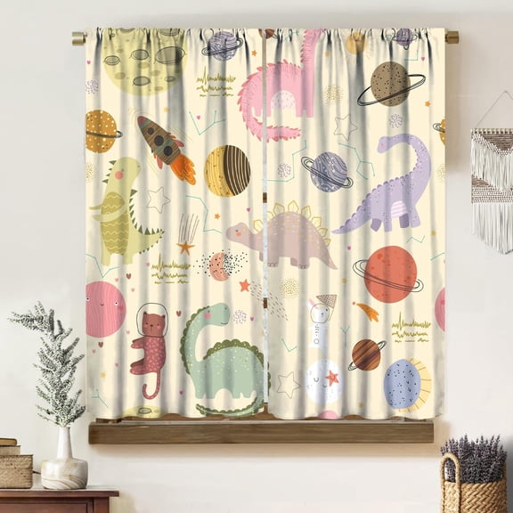 Cartoon Dinosaur Curtains, Boho Creative Colorful Cartoon Cute Dinosaur Planet Art Aesthetics Print Rod Pocket Window Treatments Drapes for Kidsroom Nursery Boys Bedroom 72" W X 63" L