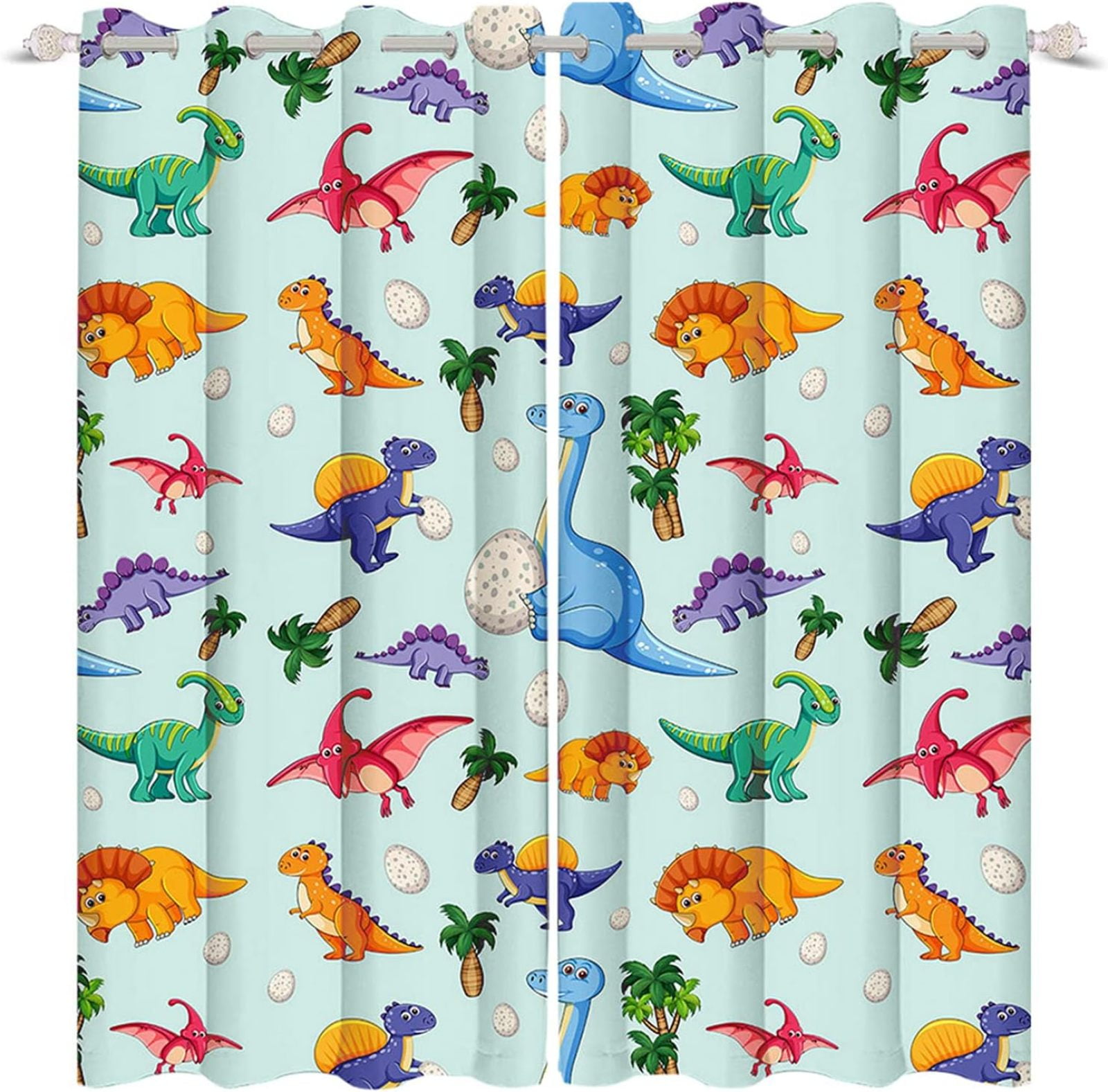 Cartoon Dinosaur Curtains Cute Dinosaur And Eggs Palm Trees Colorful