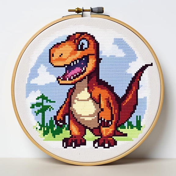 Cartoon Dinosaur DIY Stamped Cross Stitch Kits for Beginners Easy with Hoop 11CT Needlepoint Embroidery Counted Cross Stitch Kits Art Craft Wall Decor and Gift 35x35cm(2)