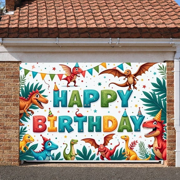 Cartoon Dinosaur Dinosaur Birthday Banner Colorful Letters Display Party Hat Decor Tropical Leaves Dino Party Backdrop for Kids' Birthday Party Dinosaur Theme Party Photo Backdrop
