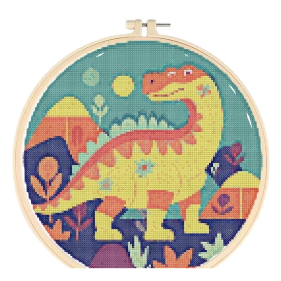 Cartoon Dinosaur Easy Cross Stitch Kits for Starter Kits DIY 11CT Pre-printed Stamped Patterns Embroidery Cross Stitching Needlework Kit Set Supplies with Hoop 38x38cm (A38)