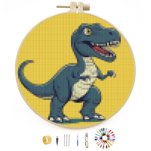 Cartoon Dinosaur Easy Stamped Cross Stitch Kits for Beginners with Hoop Simple Patterns 11CT Counted Embroidery Needlepoint Crafts Arts for DIY Enthusiasts and Home Decor 26x26cm(6)