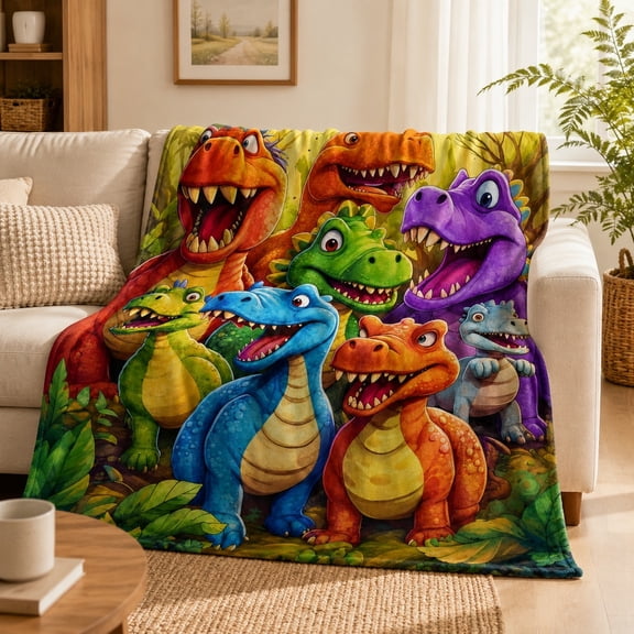 Cartoon Dinosaur Fleece Throw Blanket, Soft 280 Gsm Polyester, Kids Room Decor for Couch & Bed
