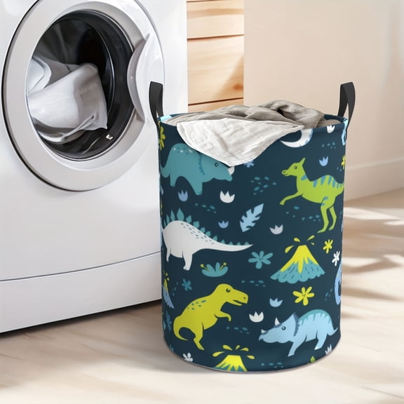Cartoon Dinosaur Folding Laundry Basket - Large Capacity Round Storage Basket with Handle, Made of Durable Oxford Fabric, Space-saving Design Suitable for Bedroom and Bathroom Organization