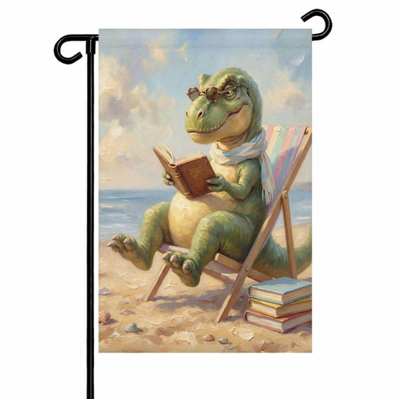 Cartoon Dinosaur Garden Flag 12x18 Inch Funny Tyrannosaurus Rex Book Summer Beach Double Sided Small Decorative Garden Flags for Outside, Outdoor Yard Porch Lawn Decoration