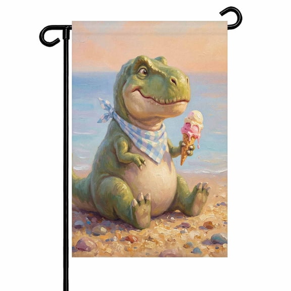 Cartoon Dinosaur Garden Flag 12x18 Inch Funny Tyrannosaurus Rex Summer Ice Cream Beach Double Sided Small Decorative Garden Flags for Outside, Outdoor Yard Porch Lawn Decoration
