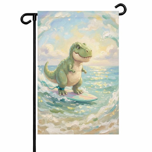 Cartoon Dinosaur Garden Flag 12x18 Inch Funny Tyrannosaurus Rex Watercolor Surfboard Wave Double Sided Small Decorative Garden Flags for Outside, Outdoor Yard Porch Lawn Decoration
