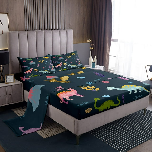 Cartoon Dinosaur Gifts Sheets Cute Dino Pattern Sheet Set Volcano Land Bed Sheets Set Botanical Leaves Flowers Decor Bed Set Full, 1 Fitted Sheet 1 Flat Sheet 2 Pillowcases