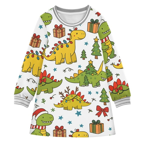 Cartoon Dinosaur Girls'long-sleeved dress Thickened A-dress Warm Dress Basic Shirt Party Dresses