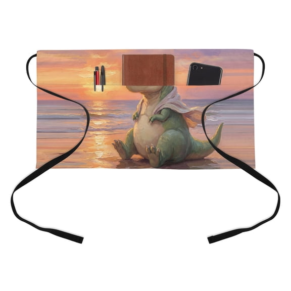 Cartoon Dinosaur Half Waist Apron Funny Tyrannosaurus Rex Sunset Summer Beach Short Waiter Aprons with 3 Pockets for Women Men Kitchen Restaurant Cooking