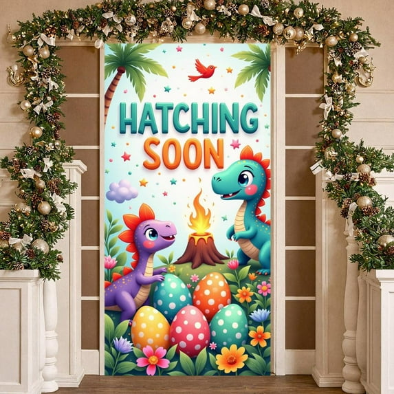 Cartoon Dinosaur Hatching Banner Colorful Eggs Dino Display Volcano Star Pattern Baby Shower Backdrop for Baby Shower Gender Reveal Dinosaur Party