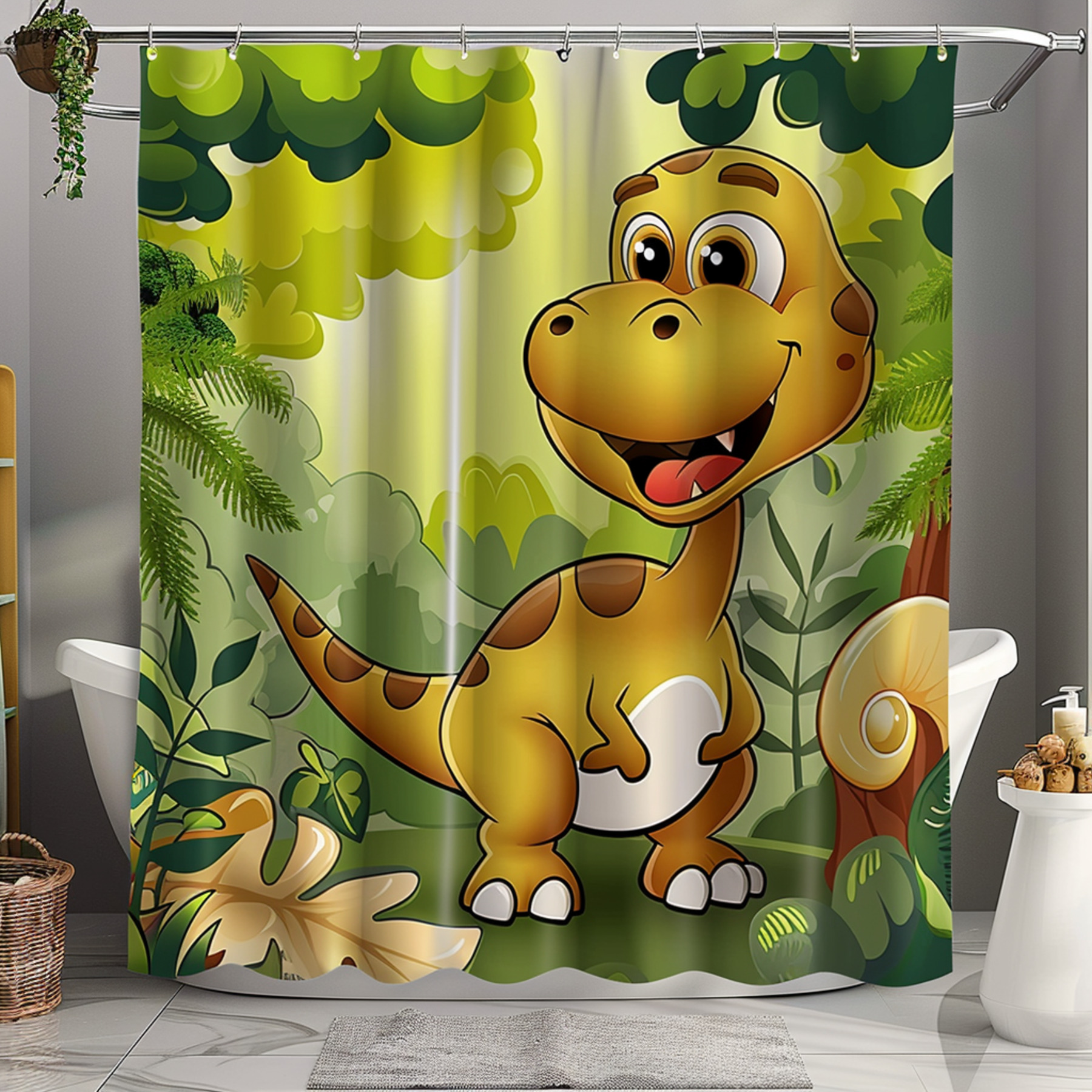 Cartoon Dinosaur Jungle Shower Curtain Cute Smiling Dino Design for ...