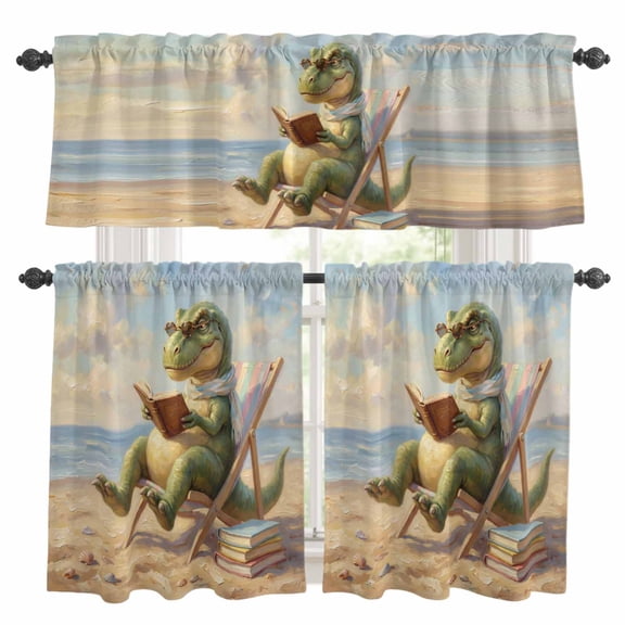 Cartoon Dinosaur Kitchen Curtains Set for Windows, Funny Tyrannosaurus Rex Book Summer Beach Curtains Valance and Tier 3 Piece Set Small Drapes 24 Inch Length for Kitchen Bedroom Decor