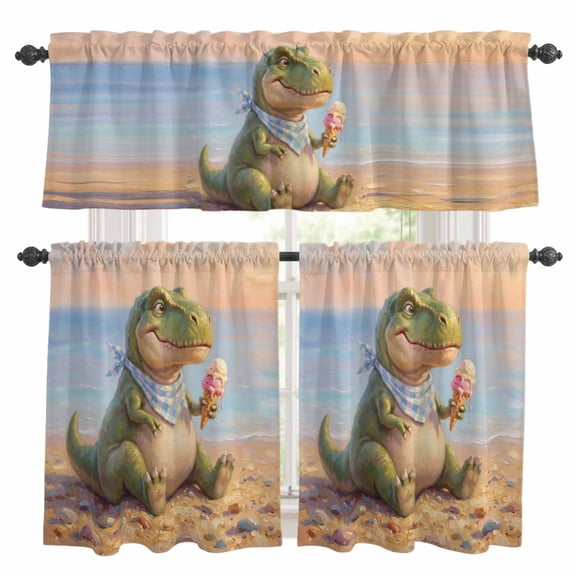 Cartoon Dinosaur Kitchen Curtains Set for Windows, Funny Tyrannosaurus Rex Summer Ice Cream Beach Curtains Valance and Tier 3 Piece Set Small Drapes 24 Inch Length for Kitchen Bedroom Decor