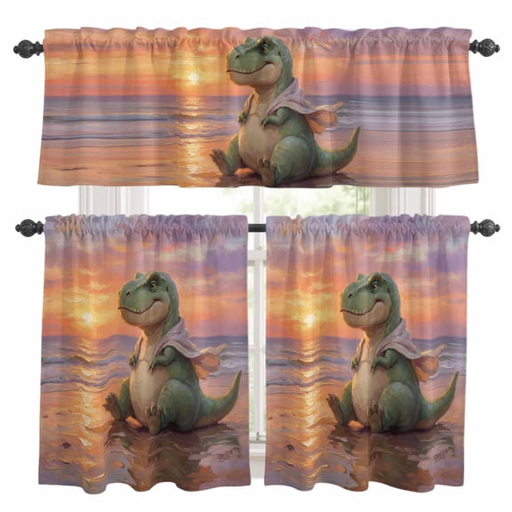 Cartoon Dinosaur Kitchen Curtains Set for Windows, Funny Tyrannosaurus Rex Sunset Summer Beach Curtains Valance and Tier 3 Piece Set Small Drapes 24 Inch Length for Kitchen Bedroom Decor