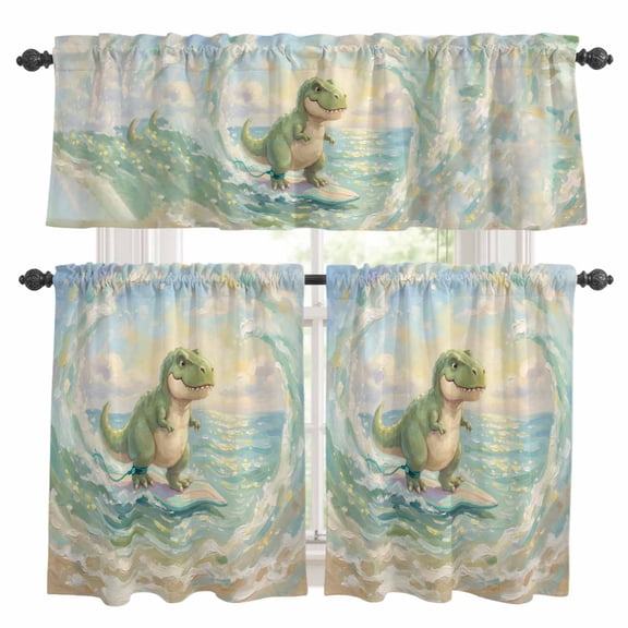 Cartoon Dinosaur Kitchen Curtains and Valances Set, Funny Tyrannosaurus Rex Surfboard Wave Rod Pocket Window Valance Window Curtain Panels for Living Room Bedroom Laundry, 27.5x24in, 3 Pieces
