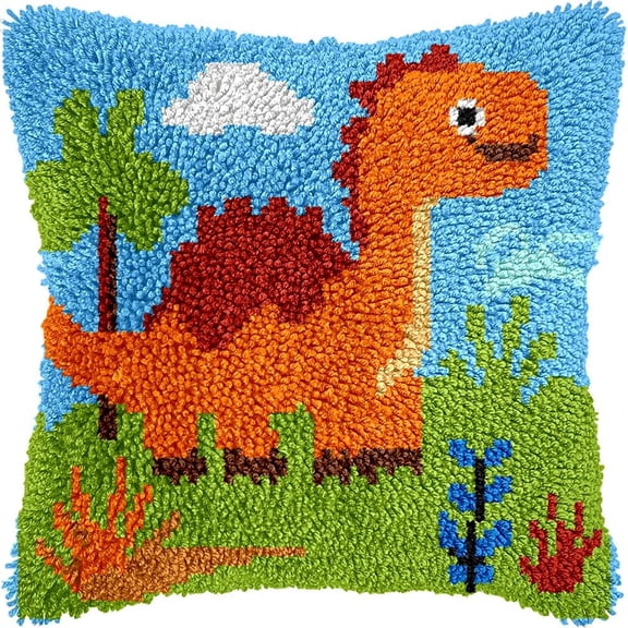 Cartoon Dinosaur Latch Hook Kits Pillow DIY Rug Crochet Hook Cushion Making Kits with Preprinted Pattern Canvas Instruction Yarns Pillow Cover Easy Starter DIY Crochet Kits 43x43cm de112)