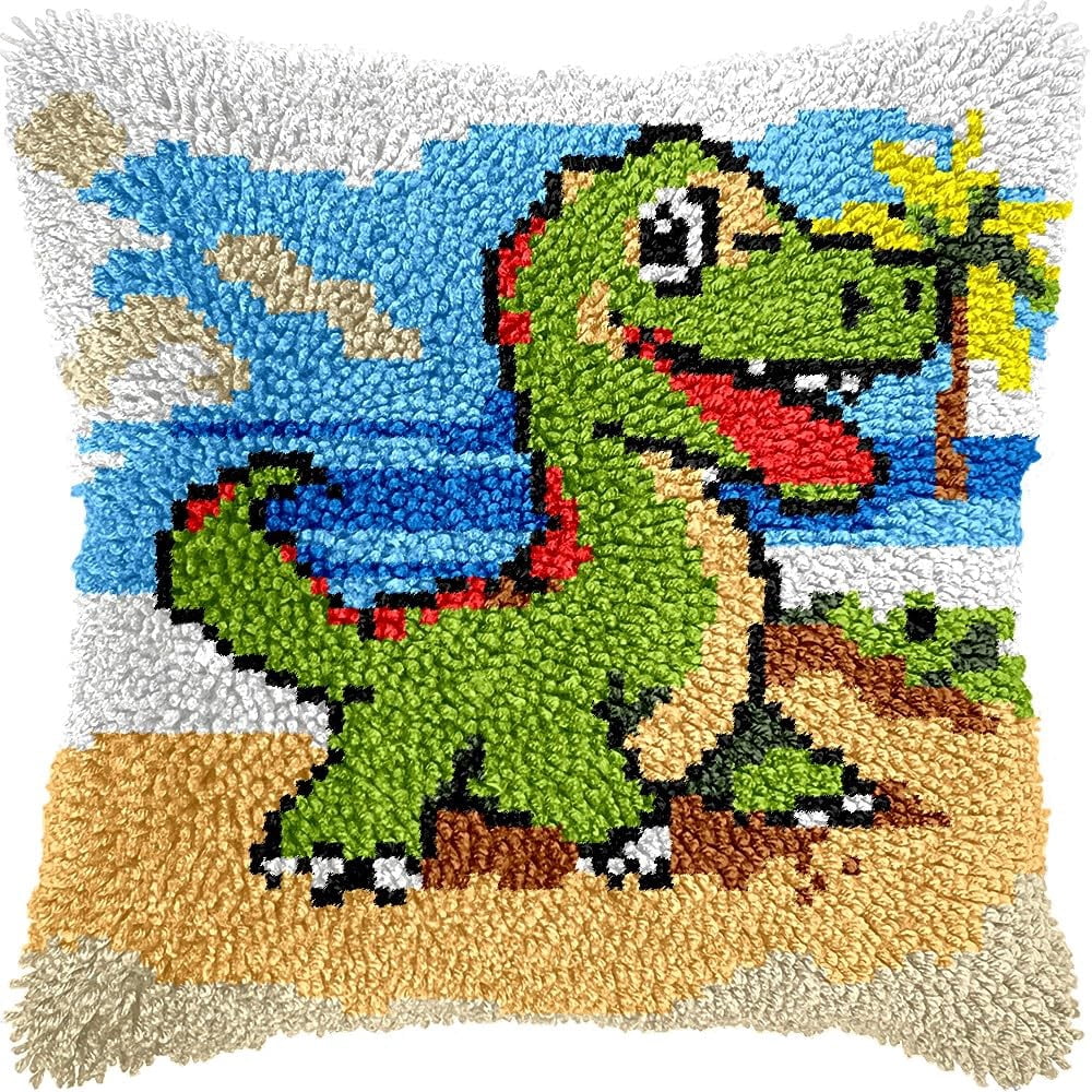 Cartoon Dinosaur Latch Hook Pillow Kits for DIY Throw Pillow Cushion Embroidery Latch Hooking Pillowcase Kits with Preprinted Canvas Crochet Yarn Kits for Home Decor 17''X 17''(C34)