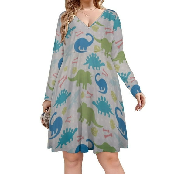 Cartoon Dinosaur Long Sleeve Dresses For Women Vintage Elegant Party Dress Oversized V-neck Dress S-8XL