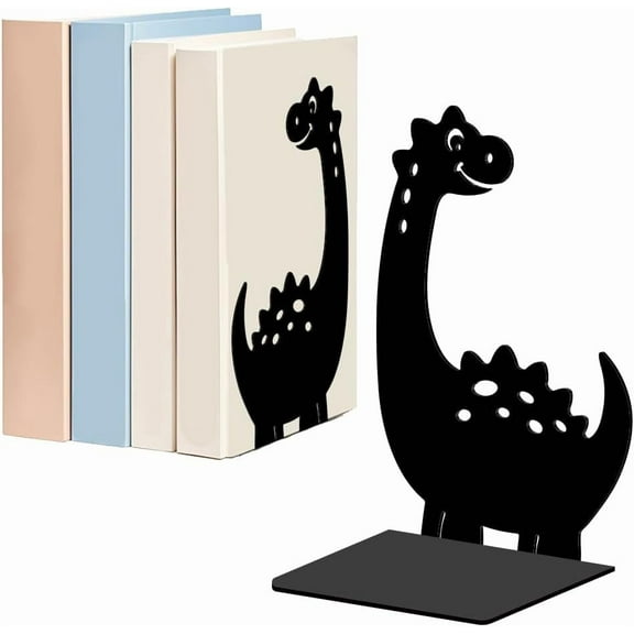 Cartoon Dinosaur Metal Bookends for Shelves Decorative 1 Pair Heavy Duty Books End Support Non-Skid Book Holder Black L-Shaped Book Stopper for Home Office Desk Book Divider 4.7x3.5x7 Inch