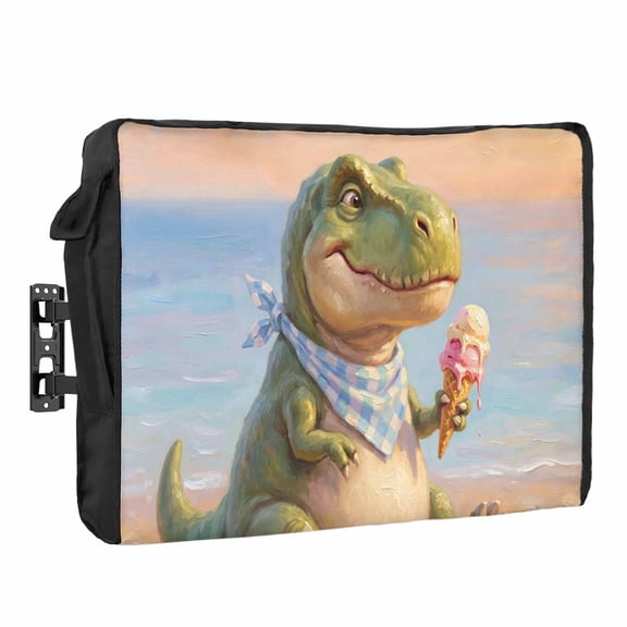 Cartoon Dinosaur Outdoor TV Cover Funny Tyrannosaurus Rex Summer Ice Cream Beach Waterproof Weatherproof TV Screen Protector with Remote Control Pocket for 36 to 39 Inch Television Outside