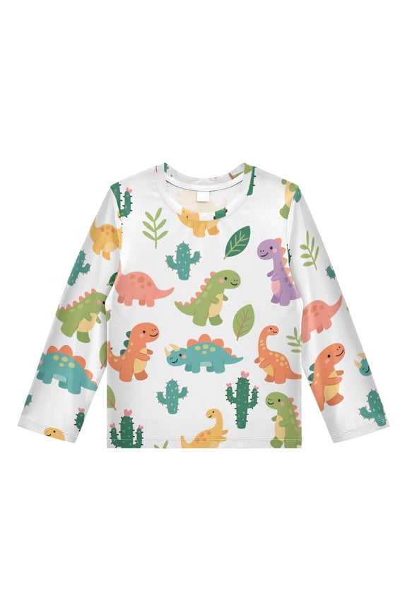 Cartoon Dinosaur Pattern Boys' Rash Guard Shirts UPF 50 Plus Sun Protection Short Sleeve Swim Tees 4T