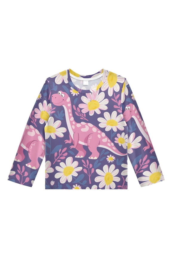 Cartoon Dinosaur Pattern Boys' Rash Guard Shirts UPF 50 Plus Sun Protection Short Sleeve Swim Tees 9-10T