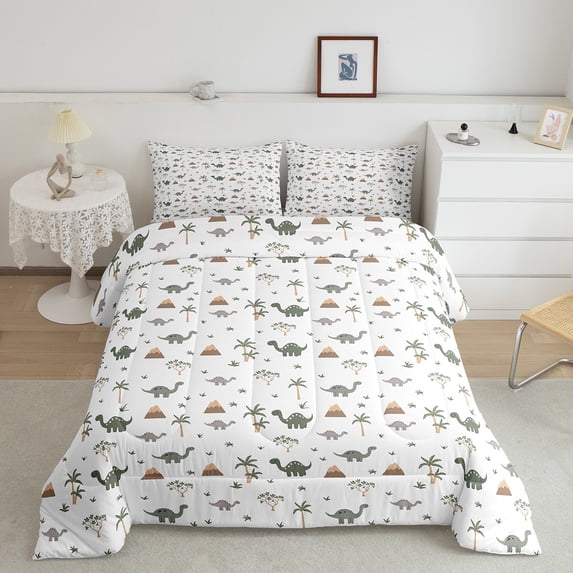 Cartoon Dinosaur Queen Comforter Set Natural Coconut Tree Mountain Bedding Set Kawaii theme Bedding Comforter Sets Magical Animals Duvet Insert Bedroom Decor