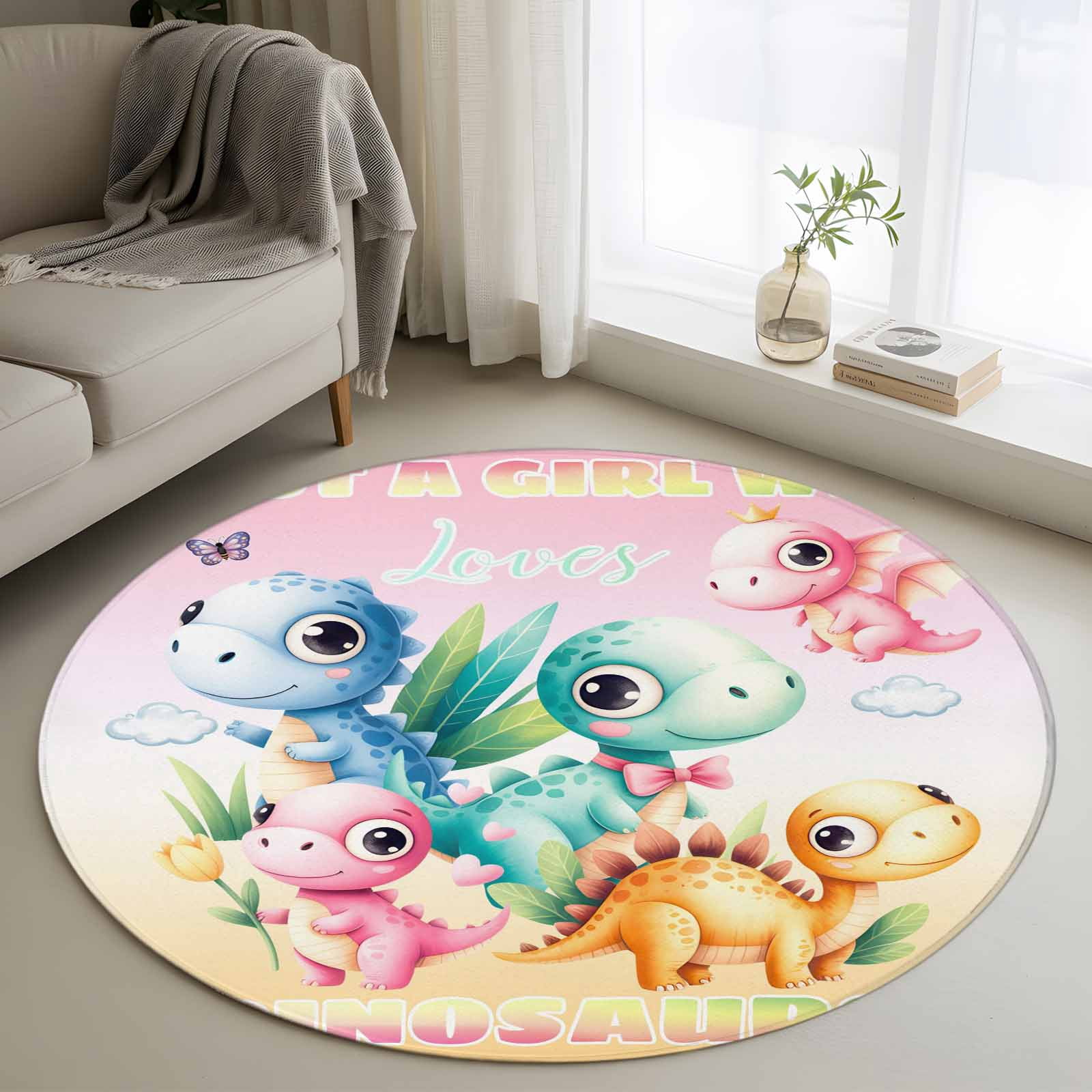Cartoon Dinosaur Round Area Rug 3Ft Washable Small Circle Rugs for ...