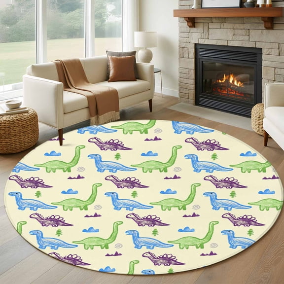 Cartoon Dinosaur Round Area Rug 6Ft Washable Circle Rugs for Bathroom Office, Watercolor Green Blue Dino Yellow Non-Slip Carpet Floor Mats Indoor Outdoor Carpet Runner Aesthetic Home Decor