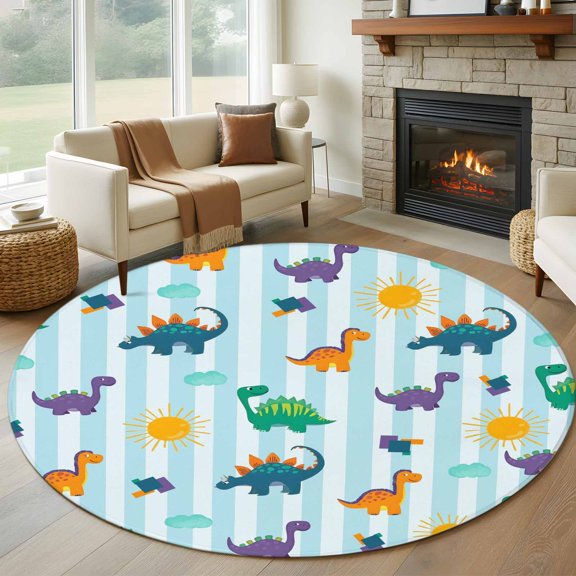 Cartoon Dinosaur Round Area Rug 6Ft Washable Circle Rugs for Bathroom Office, Watercolor Green Orange Dino Sun Striped Non-Slip Carpet Floor Mats Indoor Outdoor Carpet Runner Aesthetic Home Decor
