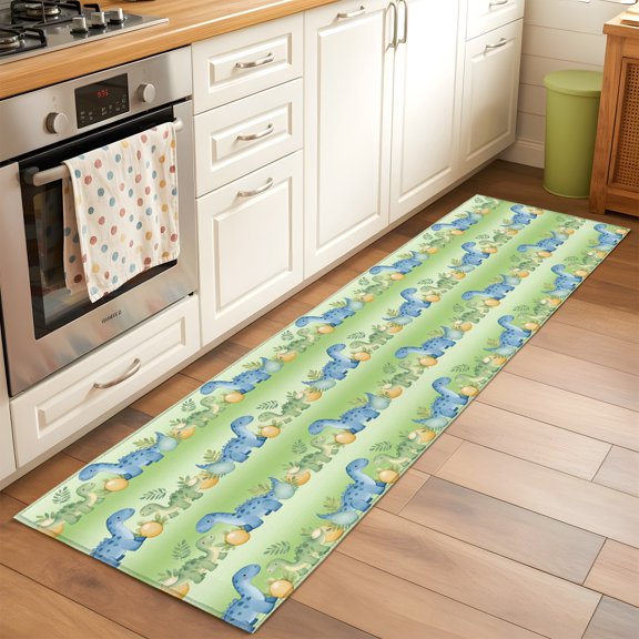 Cartoon Dinosaur Runner Rug Non Slip 2x6 Modern Green Blue Animal Dino Egg Nursery Decor Washable Rug Runner for Hallways Low Pile Kitchen Rugs Stain Resist Carpet for Bathroom Bedroom Entryway