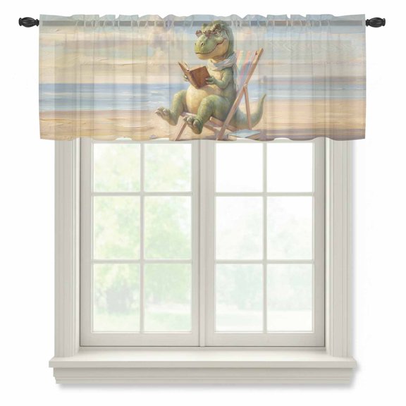Cartoon Dinosaur Sheer Valances for Windows, Funny Tyrannosaurus Rex Book Summer Beach Semi Sheer Kitchen Valance Rod Pocket Small Voile Window Curtains for Living Room Bedroom 42 x 12 Inch