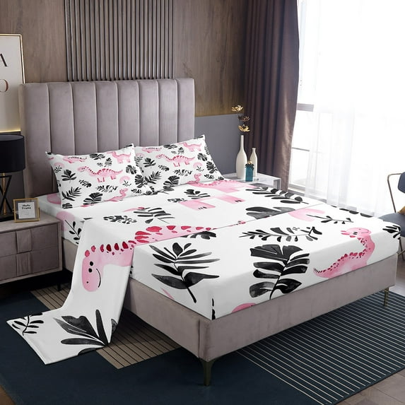 Cartoon Dinosaur Sheet Set for Teens Adults,Watercolor Palm Leaves Bed Sheets Set Twin Size,Doodle Dinos Sheets,Tropical Leaves Flat Fitted Sheet 2 pcs Deep Pockets