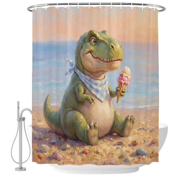 Cartoon Dinosaur Shower Curtain for Bathroom, Funny Tyrannosaurus Rex Summer Ice Cream Beach Waterproof Machine Washable Shower Curtain Set with Hooks, Bath Decoration for Home Bathtub Stall 72"x96"