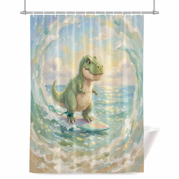 Cartoon Dinosaur Shower Curtain, Funny Tyrannosaurus Rex Watercolor Surfboard Wave Waterproof Shower Curtain Set with 12 Hooks Lightweight Bath Curtains Fabric Bathroom Decor 72x78 Inches