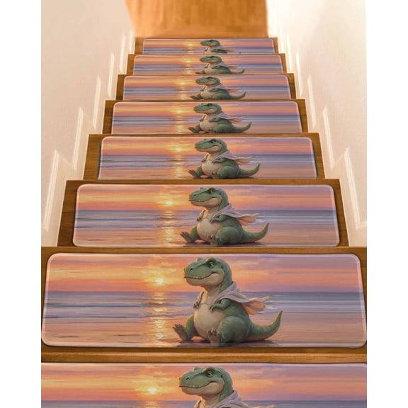 Cartoon Dinosaur Stair Treads Funny Tyrannosaurus Rex Sunset Summer Beach Indoor Non Slip Peel and Stick Stair Treads for Wooden Steps 4 PCS, Soft Adhesive Staircase Mats Runner Rugs 8"x30"