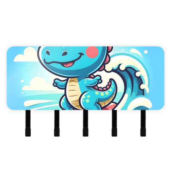 Cartoon Dinosaur Surf Mail Holder Organizer Wall Mount with Shelf Key Holder Key Rack with 5 Key Hooks for Wall Decorative