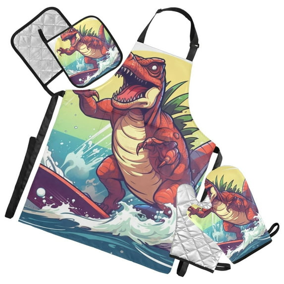 Cartoon Dinosaur Surfing 5 Pcs Kitchen Set Heat Resistant Oven Mitts and Non-Slip Pot Holders with Adjustable Cooking Apron