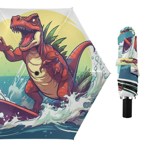Cartoon Dinosaur Surfing Compact Sun Umbrella Windproof Travel Umbrellas for Rain Strong Portable UV Protection