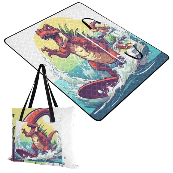 Cartoon Dinosaur Surfing Extra Large Picnic Beach Blanket Waterproof Sand Proof Portable Outdoor Mat 60x80